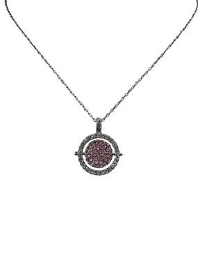Swarovski Silver Tone Necklace Reversible Pendant Pink Blue Crystals Pave 15-17"